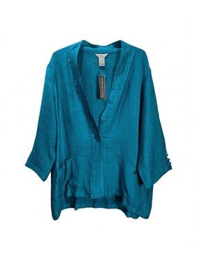 NWT | Multiples Peacock Teal Blue Crinkle Textured 3/4 Sleeve Tunic Top | XL